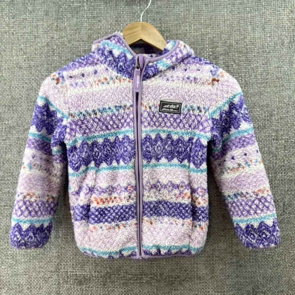 EDDIE BAUER Quest Fleece Plush Sherpa Hooded‎ Jacket Girls Size XS (5/6) Multi